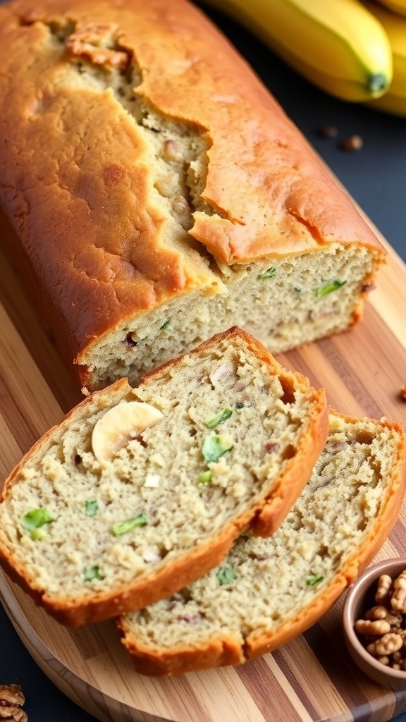 Bread Machine Zucchini Banana Bread Recipe Sliced zucchini banana bread on a cutting board with walnuts, showcasing its moist texture.